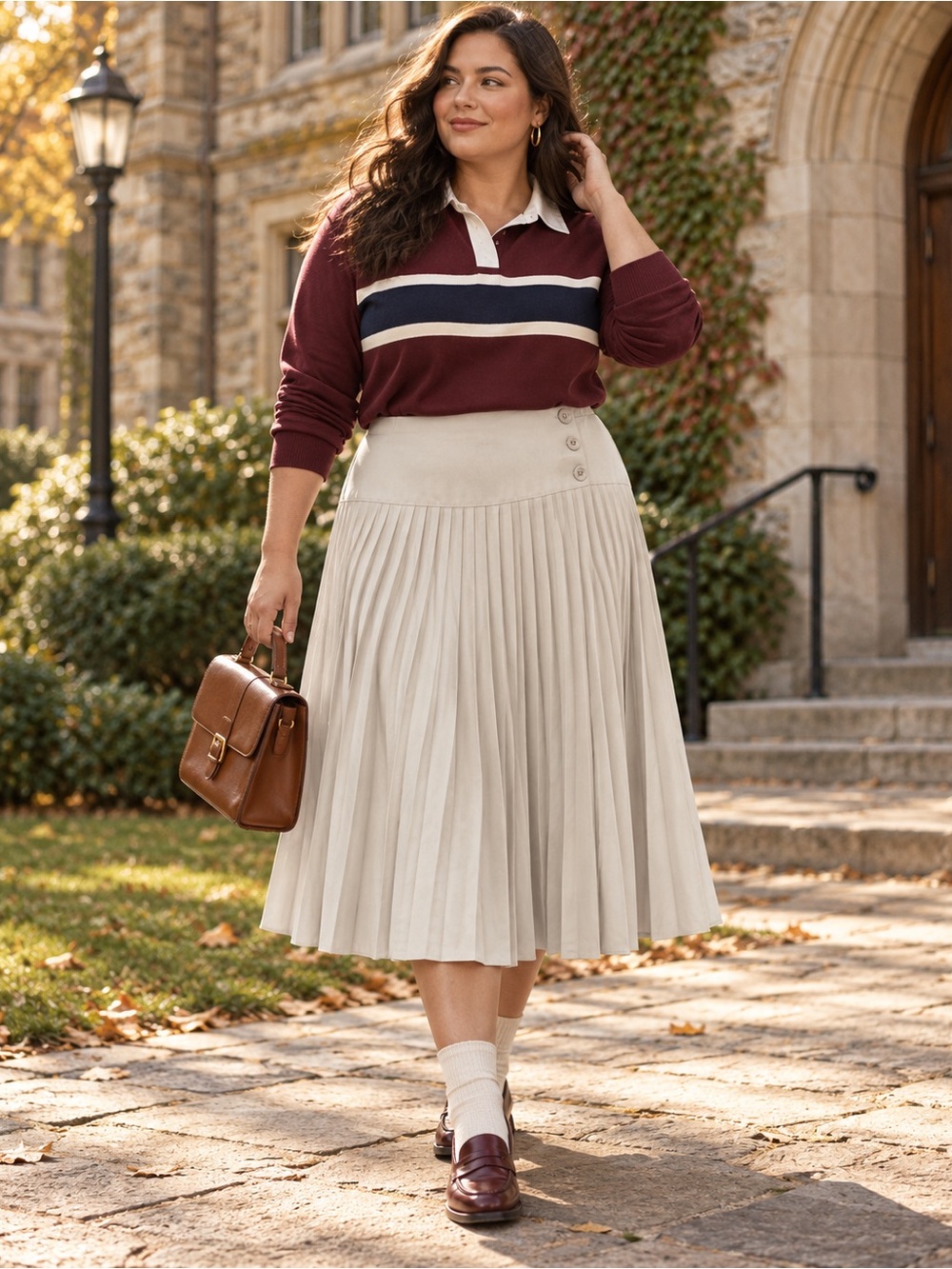Plus Size 18P Cream Pleated Midi Skirt Drop Waist Preppy Academia